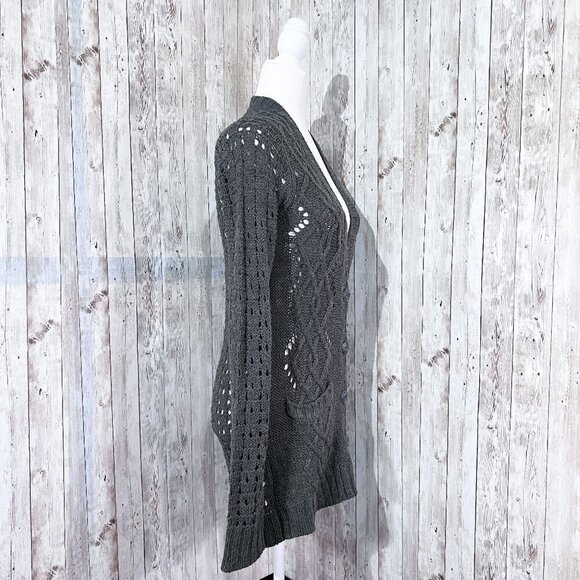 Women's Decree Sweater Cardigan | Gray | Open-Knit | Large | Long | Button-Up - Picture 3 of 13